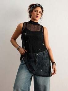 Freevana Blusa sin mangas con estampado floral vintage bohemio y encaje, talla grande, nueva llegada de primavera, adecuada para el Día de San Valentín, festivales de música - Negro 2 - Ver 3