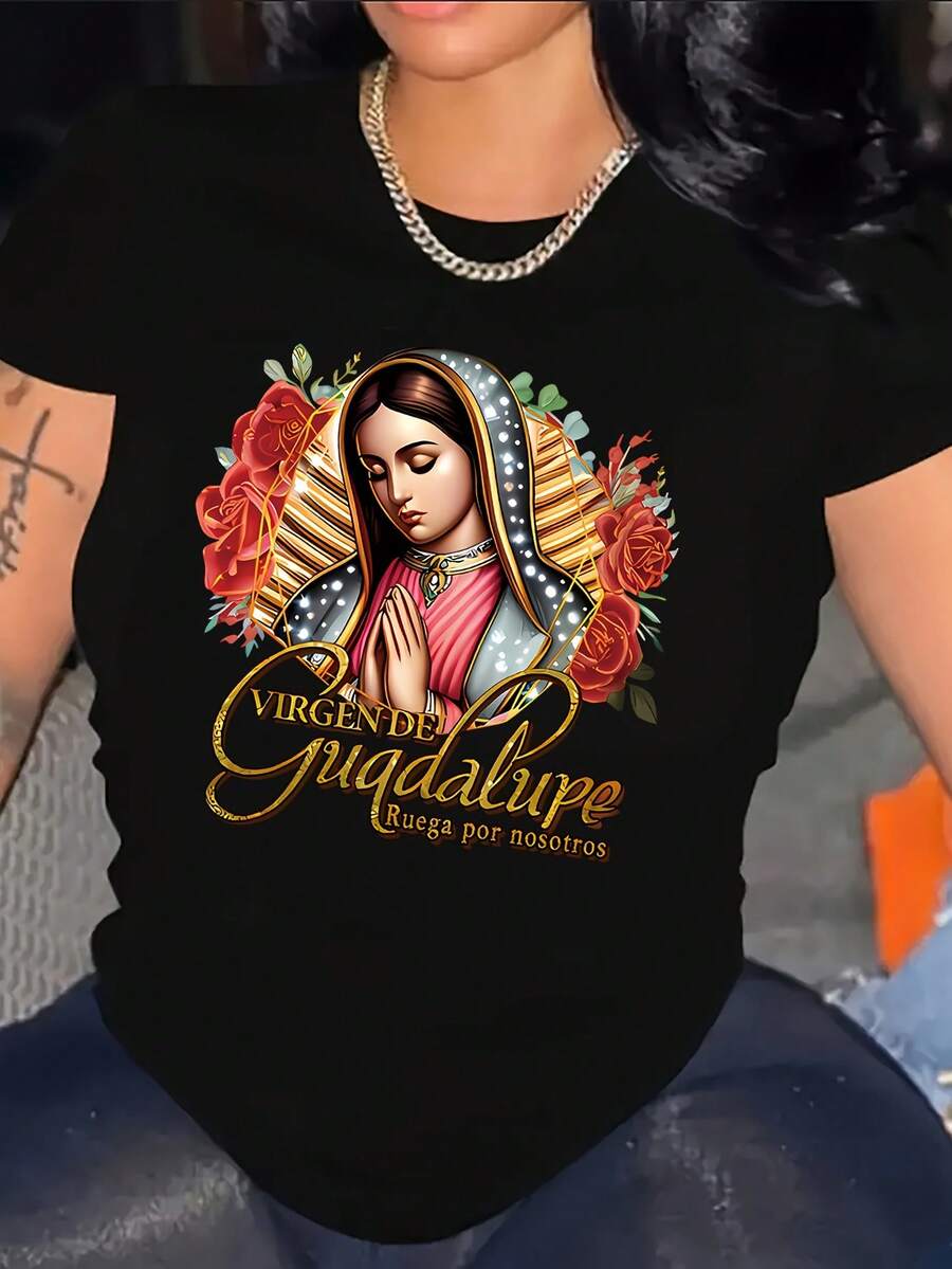 Women's Our Lady Of Guadalupe T-Shirt - Spanish Text And Iconic Rose Design - Short Sleeve, Round Neck Catholic Iconography - Inspired By Mexican Folk Art For Casual Wear (Red/Green) - 黑色 - 查看 1