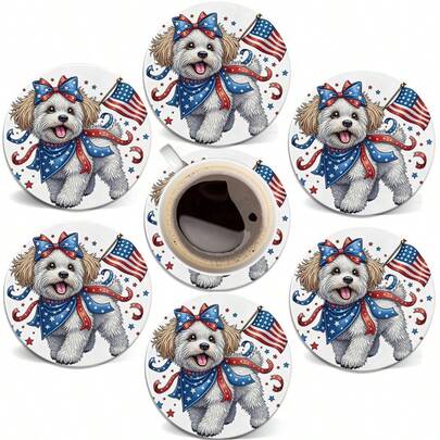 Patriotic Dog With American Flag Round PET Coaster - Durable, Handwashable, With Animal, Flag, 2D Design, Perfect For Restaurant And Kitchen Decor, Kitchen Dining Table Decor | Patriotic Style Design | Durable Coaster, Eagle Decor, 4th Of July, 250th Anniversary Of American Independence