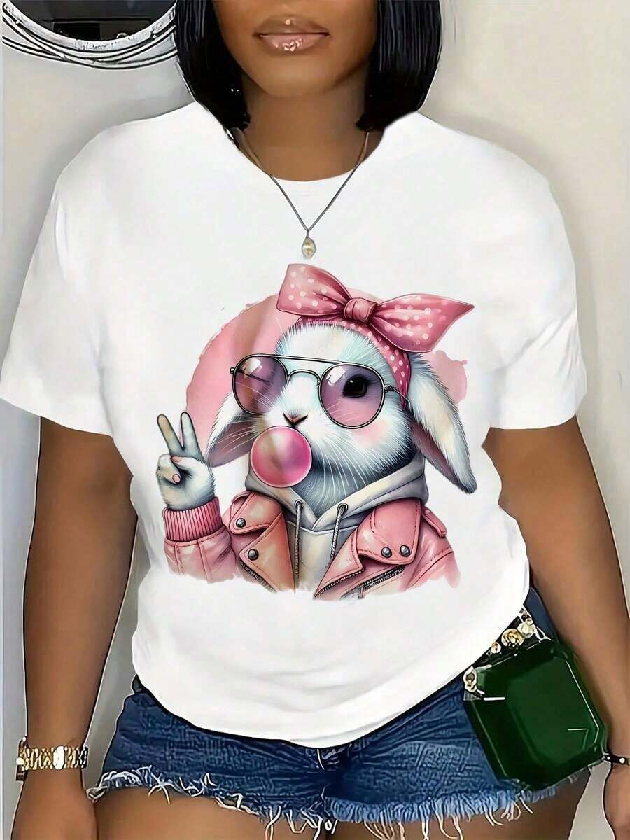 Limited Time Offer, Limited Quantity Available, Lightning, Women's Shirts, Women's T-Shirts, Women's T-Shirt With Cute Rabbit Design With Sunglasses And Pink Bow, Funny Animal Print T-Shirt, Casual Summer Top, Perfect For Easter, Birthday Or Everyday Wear. - 白色 - 查看 1