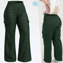 Wide Leg Plus Size Winter High Waist New Release Cold Autumn Elegant Palazzo Pants With Side Pockets Cargo Butt Lifting Premium Tailoring Sizes 46 To 56 - 綠色 - 查看 1