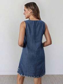 Vestido casual de verano para vacaciones en la playa, de algodón y lino con textura, color albaricoque, sin mangas y corte recto para mujeres - Azul y blanco - Ver 2