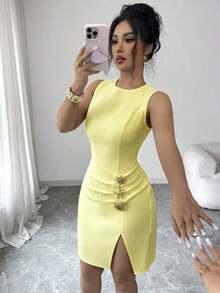 Vestido corto sin mangas de mujer de unicolor, elegante, con cuello redondo, plisado, con abertura en el bajo, con botones de metal con forma de estrella de mar y concha, adecuado para fiestas, citas, trabajo, uso diario, temporada de verano, graduación, vuelta al cole, Día del Maestro - Amarillo - Ver 3