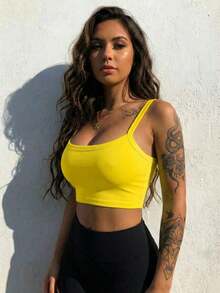Camiseta corta de tirantes gruesos simple para mujer, adecuada para primavera y verano, estilo casual/streetwear/Y2K, se puede combinar con oficina/hogar/streetwear/discoteca, una opción ideal para blusas casuales de verano en color blanco - Amarillo - Ver 4