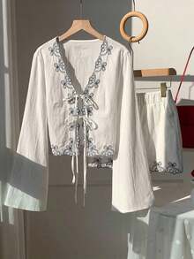 Conjunto de blusa con amarre al frente y shorts con estampado de anacardo para mujer, en estilo bohemio - Azul - Ver 3