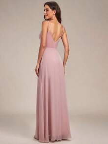 Elegante vestido de noche de unicolor y sexy, vestido de dama de honor con abertura alta y tirantes finos en azul marino, vestido formal para invitados de boda en primavera - Rosa Oxidada - Ver 2