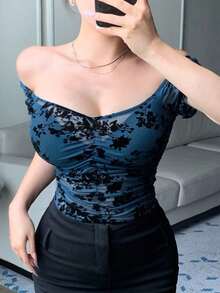 Blusa de mujer de manga corta con cuello cuadrado, fruncido, de malla floral, casual, crop top, para volver al colegio, azul, Pascua - azul real - Ver 4