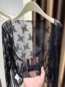 1pc Black & White Sheer Mesh Lace Floral Kimono Cover Up, Long Sleeve Cover Up - Multicolor - View 8