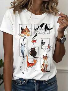 Women's Short Sleeve T-Shirt With Illustrations | Various Cats In Funny Poses, Cool Hand-Painted Style, Attractive Item For Everyday Wear, Casual Crew Neck, Slightly Stretchy Fabric, Regular Length - 白色 - 查看 7