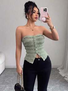 Top corto sin mangas con botones delanteros y estampado de pata de gallo, para uso en oficina o viajes, de moda para el verano - Verde - Ver 1