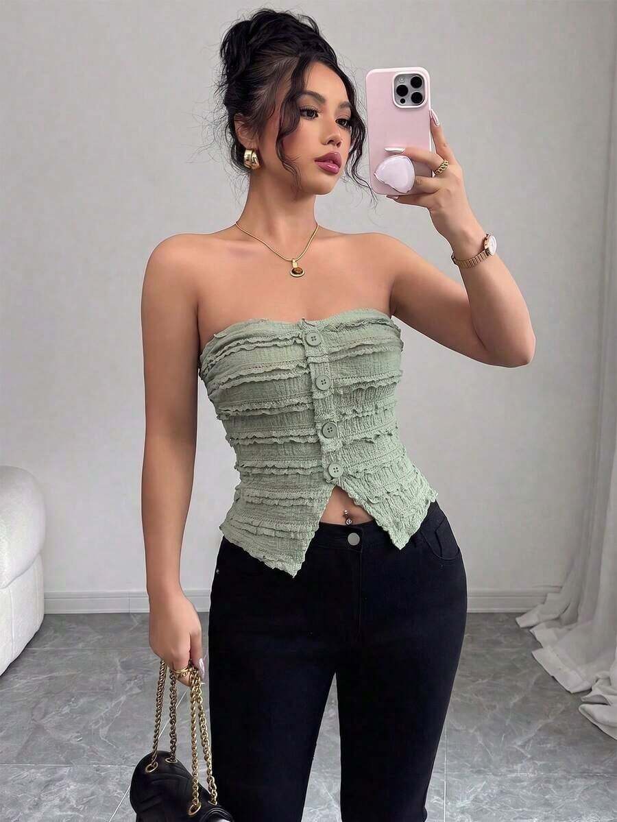 Top corto sin mangas con botones delanteros y estampado de pata de gallo, para uso en oficina o viajes, de moda para el verano - Verde - Ver 1