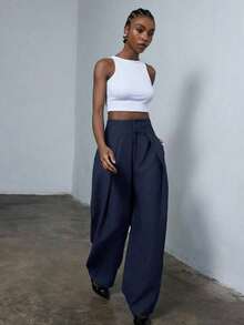 Nuevos pantalones de traje de pierna ancha con pliegues sueltos y estilo casual para ir al trabajo - Azul - Ver 5