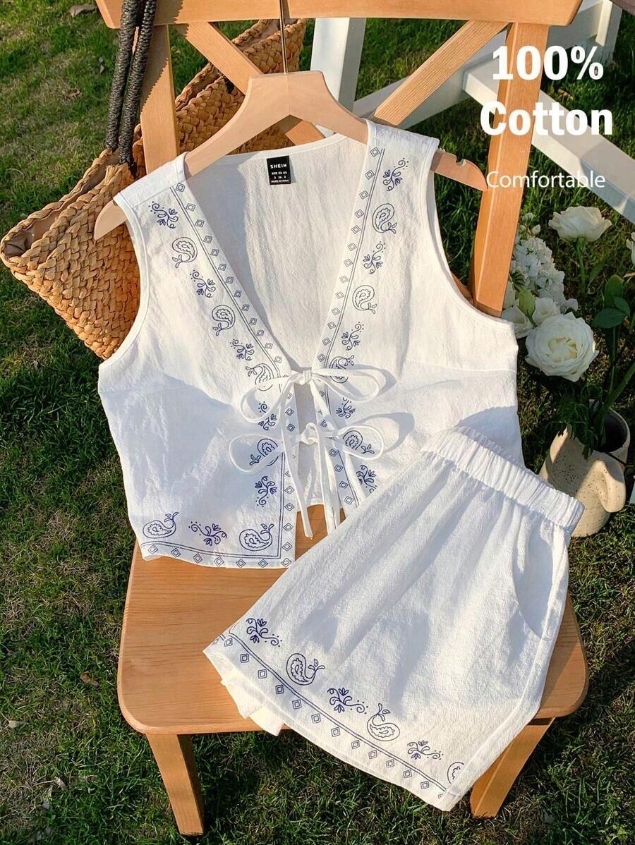 Conjunto de 2 piezas de estilo bohemio y veraniego con estampado floral blanco tejido - Blanco 2 - Ver 1