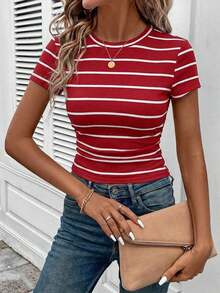 LUNE Conjunto deportivo de tiempo libre para atletismo, ciclismo, running, baloncesto - Camiseta casual cómoda de cuello redondo, ajustada, a rayas blancas y negras con recogido en la cintura, para mujer - Rojo - Ver 3