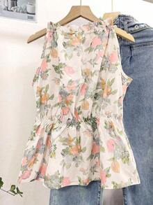 Blusa sin mangas con cuello y bajo con volantes, diseño minimalista para verano, blusa con cremallera, blusa con cuello de volantes, blusas sin mangas para mujer, blusa con cremallera - Rosa - Ver 6