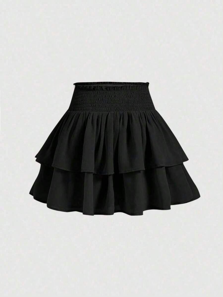 Nueva llegada Falda mini de cintura alta adelgazante tipo pastel, dulce y picante para mujeres en primavera - Negro - Ver 1