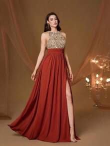 Vestido de noche de cuello redondo y halter nuevo de , vestido de gasa con abertura alta y parches de lentejuelas para fiesta - Champán - Ver 1
