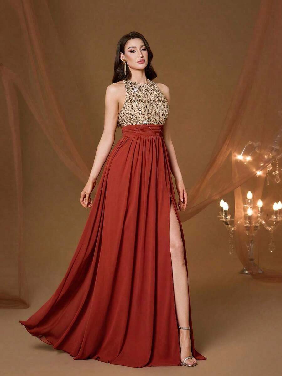 Vestido de noche de cuello redondo y halter nuevo de , vestido de gasa con abertura alta y parches de lentejuelas para fiesta - Champán - Ver 1