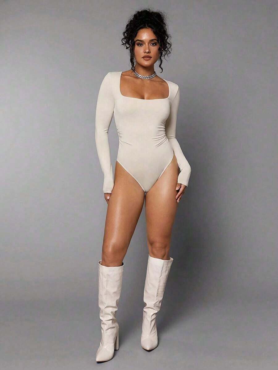 Body De Manga Larga Con Cuello Cuadrado Para Mujer - Beis - Ver 1