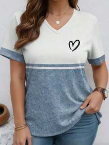 Camiseta casual de talla grande con cuello en V a rayas y patrón de corazón de patchwork - Multicolor - Ver 4