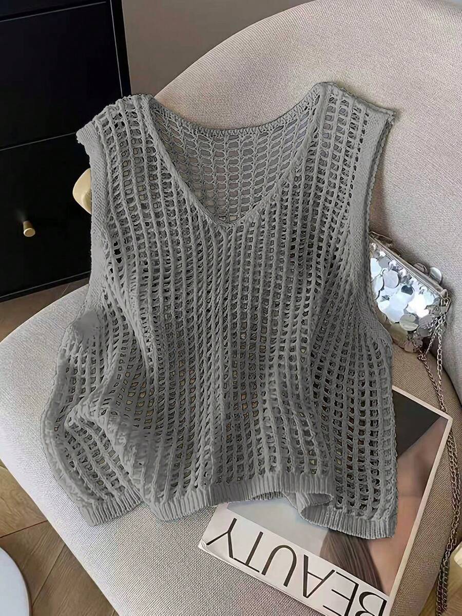 Women's New Hollow V-Neck Sleeveless Knit Tank Top, Lightweight For Spring/Summer