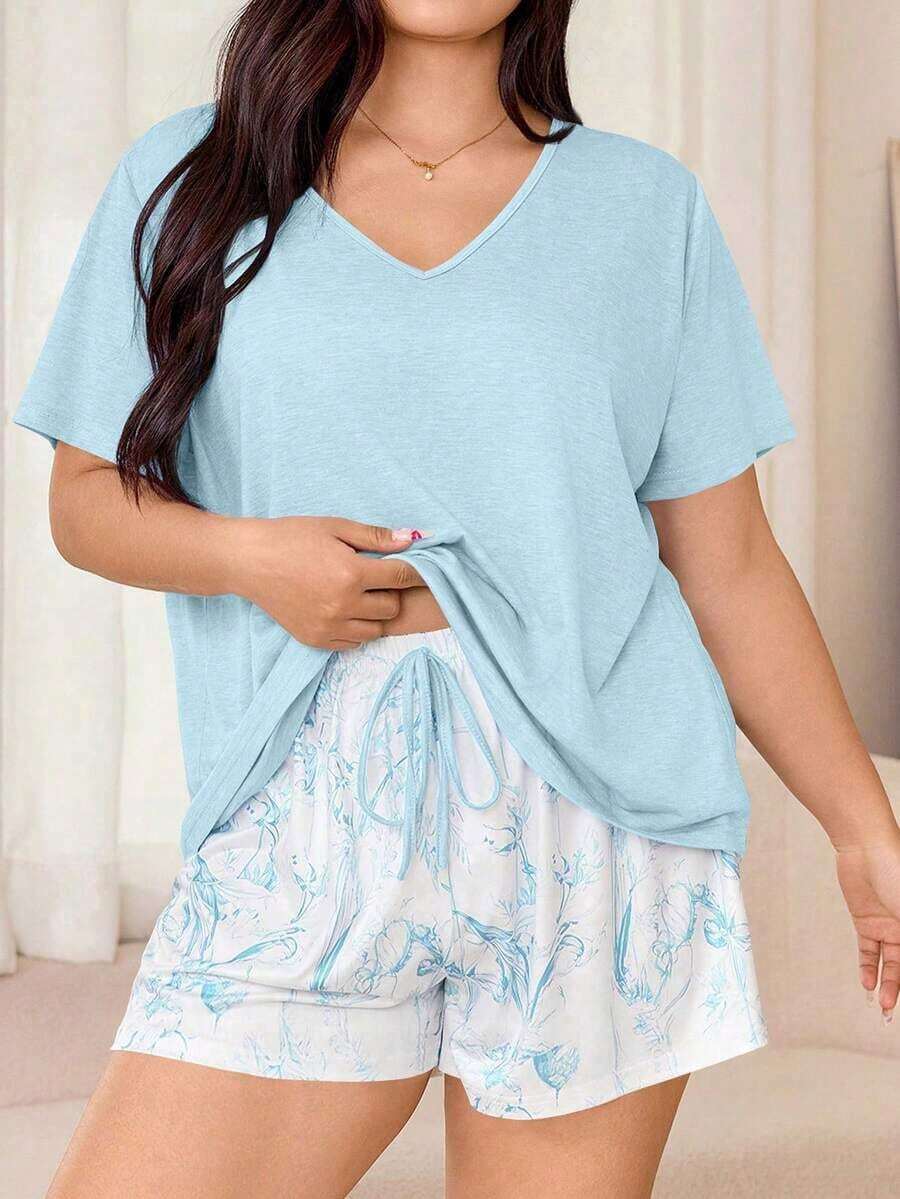 Miss Vinta Women's Plus Size 2-Piece Pajama Set With Short-Sleeve V-Neck Top And Floral Print Shorts. Comfortable Summer Pajama Set For Women With Shorts And Top, Summer Loungewear - 賽萊斯特 - 查看 1