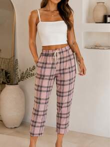 Pantalón Corto pierna recta Cuadros Dama Mujer Casual de Uso Diario Con Bolsas y Cintura Ajustable - Rosa - Ver 6