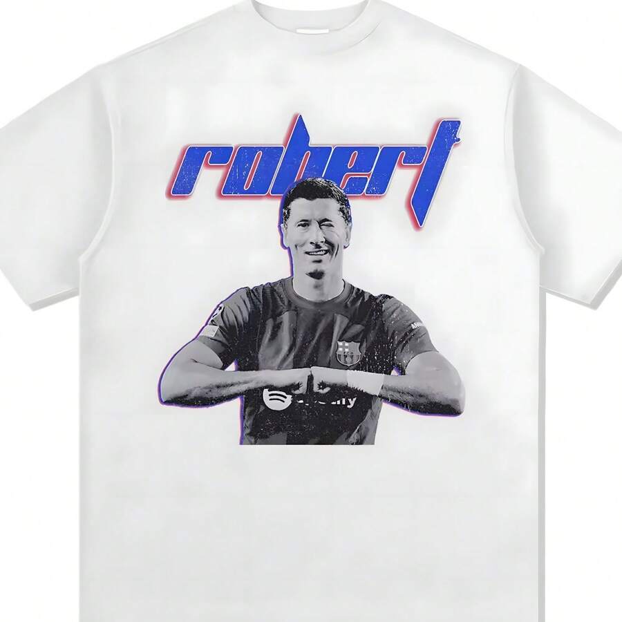 Camiseta Y2K de algodón puro con estampado de Robert Lewandowski para hombre y mujer, pantalón corto informal a la moda deportiva de verano, camisa de manga corta, novedad de 2026 - Blanco - Ver 1