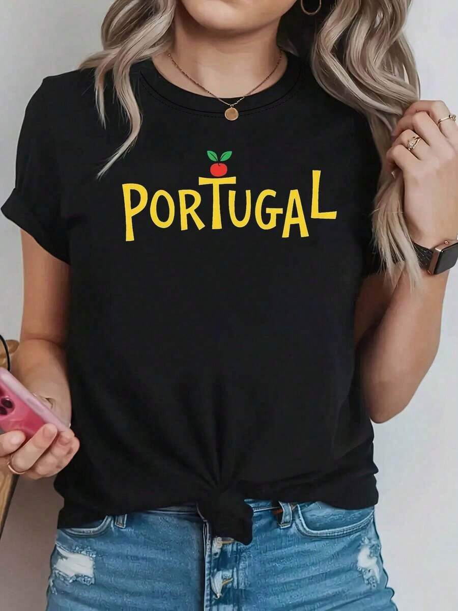 1 Piece Women's T-Shirt With Round Neck And Portuguese National Theme Print "PORTUGAL", Apple Blossom Decoration, Casual Short Sleeve, Travel Cultural Style For Enthusiasts, 180g 100% Cotton - 黑色 - 查看 1