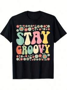 1 pieza Camiseta Stay Groovy Retro Estilo Flower Power de los 70, para todas las estaciones, de algodón, con estampado a una cara, cuello redondo y manga corta, 180g, 100% algodón, los diseños están impresos. Unisexo. - Negro 24 - Ver 1