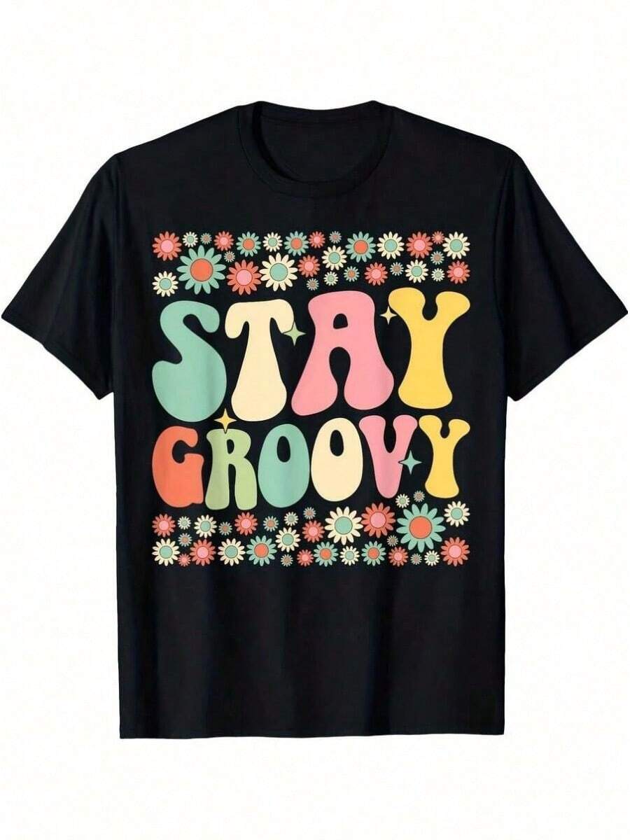 1 pieza Camiseta Stay Groovy Retro Estilo Flower Power de los 70, para todas las estaciones, de algodón, con estampado a una cara, cuello redondo y manga corta, 180g, 100% algodón, los diseños están impresos. Unisexo. - Negro 24 - Ver 1