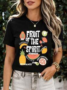 Casual T-Shirt With Graphic Print "Fruit Of The Spirit", Bible Verse And Fruits, White, Casual Summer Top For Women, Fashion - 黑色 - 查看 7