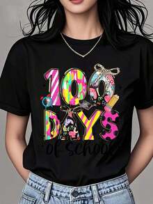 Camiseta de Cuello Redondo para Mujer, Estampado Colorido de "1000 Días de Escuela" con Texto, Manga Corta para Eventos Escolares, Ropa Fresca de Verano para Mujer - Negro - Ver 1