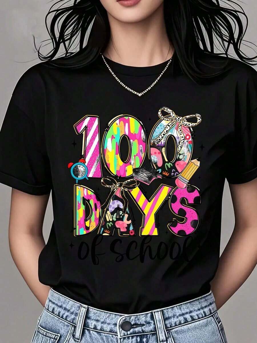 Camiseta de Cuello Redondo para Mujer, Estampado Colorido de "1000 Días de Escuela" con Texto, Manga Corta para Eventos Escolares, Ropa Fresca de Verano para Mujer - Negro - Ver 1