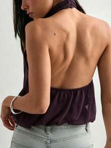 Women Cute Puffy Halterneck Top Sleeveless Open Back Tank Tops Fashion Button Neck Crop Tops Summer Y2K Loose Vest For Club Party Streetwear Going Out - 深紫色 - 查看 2