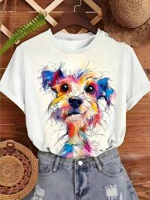 Regalo: 1 camiseta blanca para mujer con estampado artístico de perro colorido, cuello redondo, camiseta casual de algodón, tejido de punto de elasticidad media, corte regular para damas, para primavera/verano/otoño, suave. - Blanco - Ver 1
