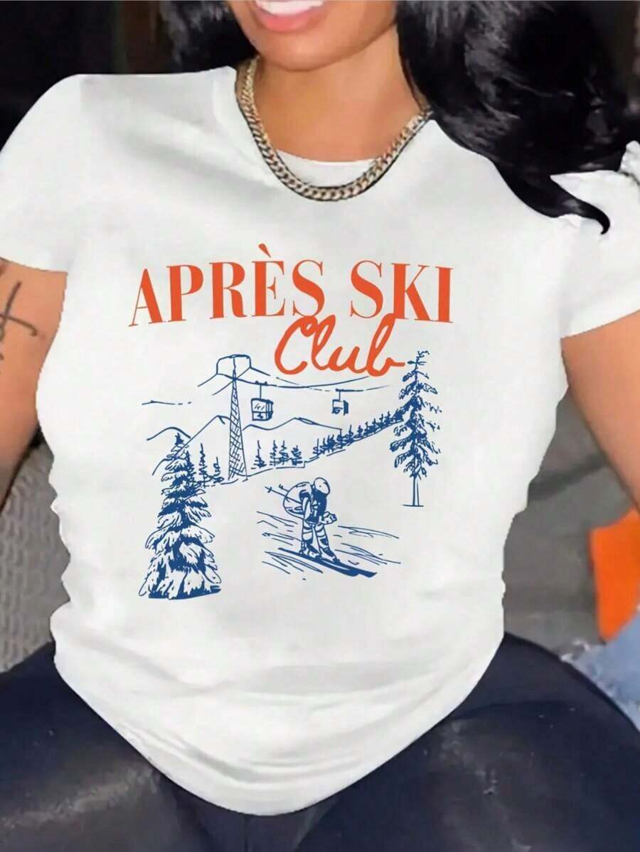 1 Piece Of APRES SKI Letter Print T-Shirt, Short Sleeve, Round Neck, Casual Style, Suitable For Summer And Spring, Women's Clothing, 180g 100% Cotton. - 白色 - 查看 1
