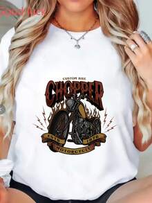 100% algodón, talla grande - Talla grande - Camiseta vintage con diseño de motocicleta resistente - Perfecta para reuniones familiares, camiseta suave, regalo ideal para entusiastas de las motocicletas y conjuntos divertidos para equipos. Camiseta de mujer de color sólido simple, corte holgado y ajustado, manga corta informal. - Blanco - Ver 1