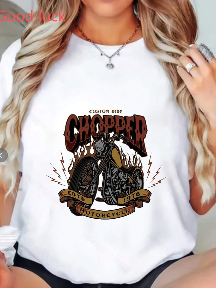 100% algodón, talla grande - Talla grande - Camiseta vintage con diseño de motocicleta resistente - Perfecta para reuniones familiares, camiseta suave, regalo ideal para entusiastas de las motocicletas y conjuntos divertidos para equipos. Camiseta de mujer de color sólido simple, corte holgado y ajustado, manga corta informal. - Blanco - Ver 1