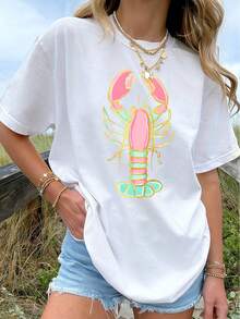 Talla Grande - Talla Grande - Talla Grande, adecuada para figuras corpulentas, camiseta con estampado de macarons y langosta, camiseta de manga corta con cuello redondo suave y elástico, camiseta vintage de bloques de color transpirable, adecuada para uso diario, ropa de vacaciones, corte holgado para primavera y verano. - Blanco - Ver 6