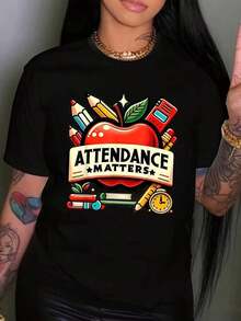 La Asistencia Importa Camiseta de Regreso a Clases para Maestros, para Hombres y Mujeres, Camisetas de Manga Corta, Camisetas con Estampado, Camisetas Versátiles para Todas las Temporadas y Camisetas Clásicas Hechas de 100% Algodón Puro-1 - Negro - Ver 1