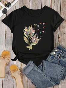 1 Funny Floral Sewing Print T-Shirt, Seed Pod Design T-Shirt With Sewing Materials, Floral Shirt With Lace And Buttons, T-Shirt For Crafters And Sewing Enthusiasts, Breathable And Machine Washable Summer Clothes For Women, Casual And Versatile Style, 180g 100% Cotton. - 黑色 - 查看 2