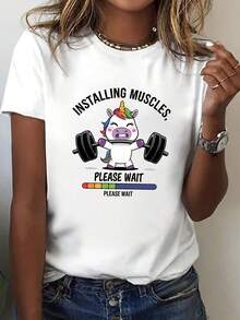 Women's T-Shirt With Unicorn Weightlifting Print - Short Sleeve, Round Neck, Casual Style, Suitable For Gymnastics, Weightlifting And Other Sports, 100% Cotton. - 白色 - 查看 7