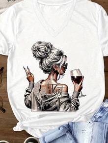 Graphic Print T-Shirt, Short Sleeve, V-Neck, Casual Top For Summer And Spring, Women's Clothing - 白色 - 查看 8