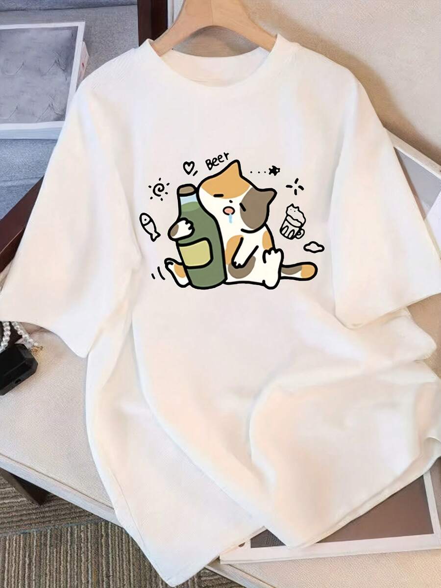 Camiseta de Verano 2025 de Corte Holgado y Cuello Redondo para Mujer, Cómoda y Casual, Perfecta para un Uso Diario Juvenil y Vibrante |   Diseño exquisito |   Suelto y cómodo |   Fácil de combinar | - Blanco - Ver 1