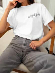 Fashionable Short-Sleeved T-Shirt With Double-Sided Dental Print, Casual Round Neck Short-Sleeved T-Shirt, Women's Clothing. - 白色 - 查看 3