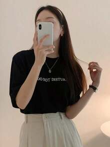 Camiseta holgada de mujer con estampado de letras para el verano Ropa deportiva estilo Y2K, cuello redondo, 100% algodón, tejido suave, manga corta. - Negro - Ver 3