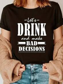 New Summer Casual T-Shirts, Party Favors, Short Sleeve T-Shirt With 'DRINK' Letter Print, Crew Neck, Versatile And Fashionable, New Arrivals, Festival Clothes, Mother's Day - Unisex Loose Fit Cotton Short Sleeve Crew Neck T-Shirt, Urban Vintage Style - 黑色 - 查看 6