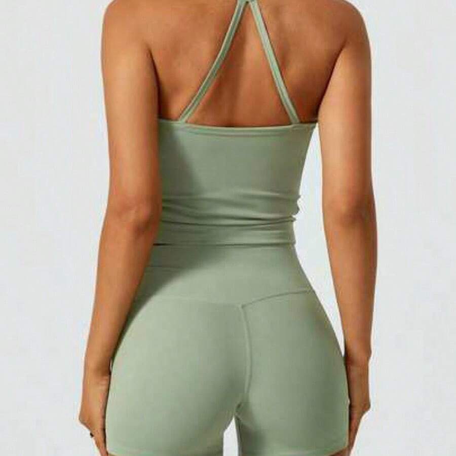 NcmRyu Women's Halter Backless Yoga Sports Seamless Butt-Lifting Fitness Set, Spring/Summer - Verde - Ver 1