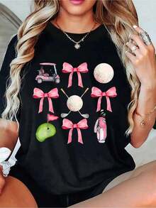 1 Piece Women's Golf T-Shirt With Golf Bow, For Golfing Mom, For Golf Game Day, Short Sleeve, Round Neck, Casual Top For Summer And Spring, Women's Clothing, 180g 100% Cotton. - 黑色 - 查看 6